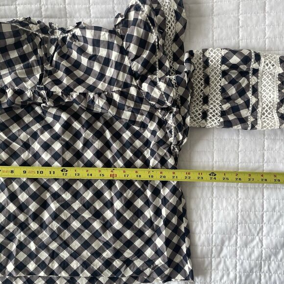 MARIE OLIVER Silk Blend Que Indigo Gingham Plaid Long Sleeve Ruffle Top L - Picture 12 of 15